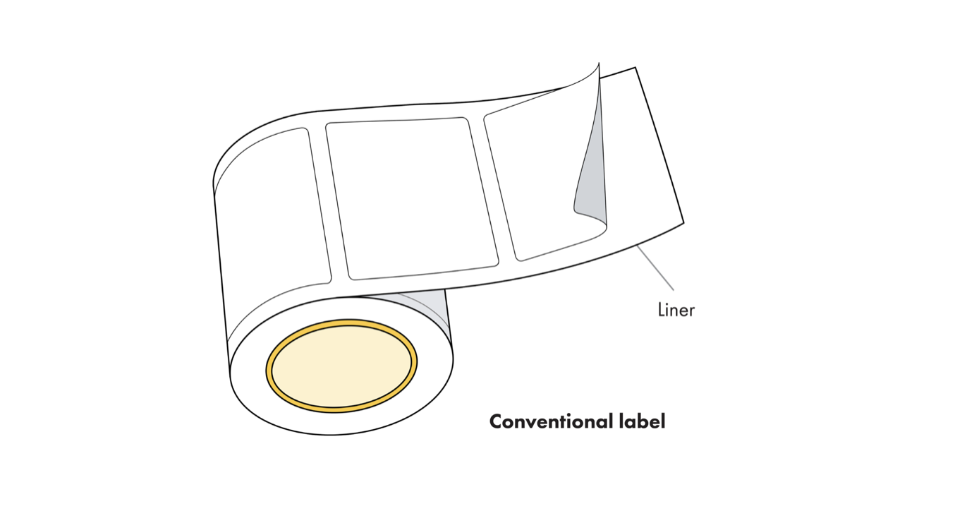 Roll of labels, pointing to liner
